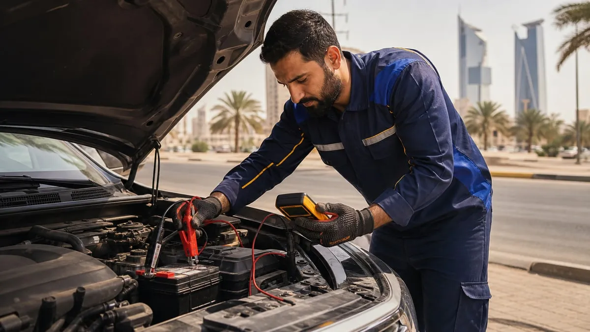 بطارية سيارة تحت غطاء المحرك في يوم حار بالكويت مع كيبلات تشغيل