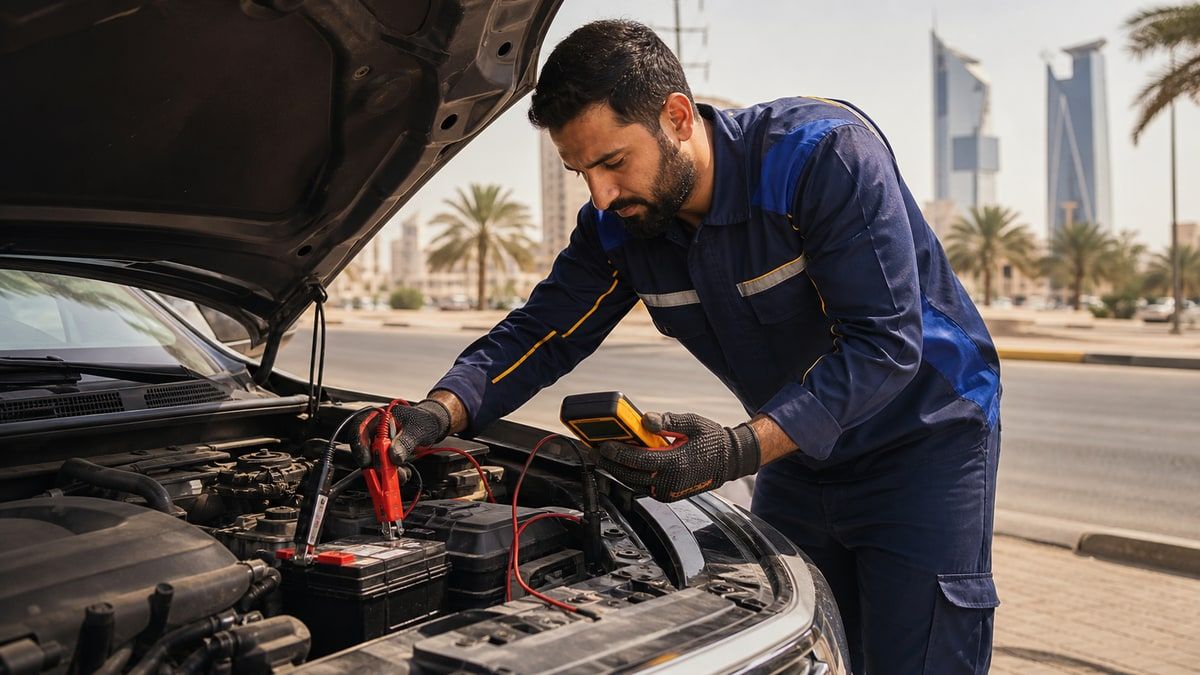 بطارية سيارة تحت غطاء المحرك في يوم حار بالكويت مع كيبلات تشغيل