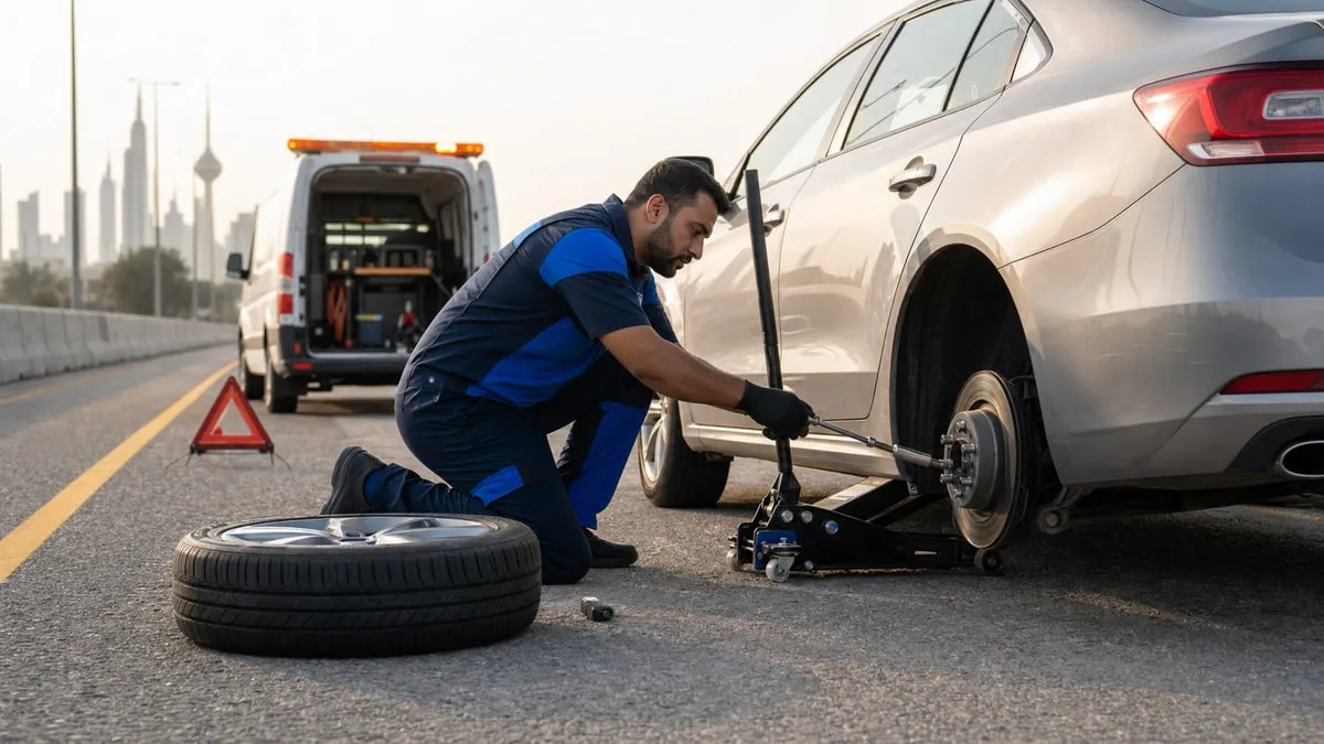فني بنشر متنقل يبدّل تاير سيارة على طريق سريع في الكويت