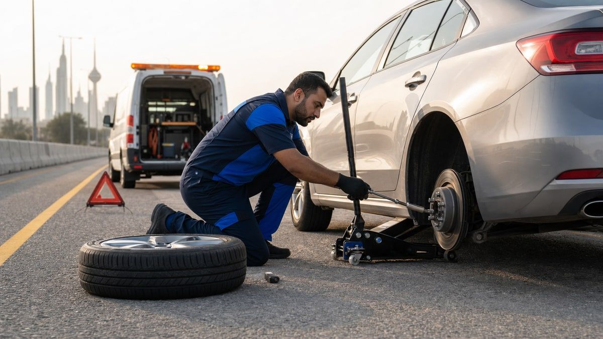 فني بنشر متنقل يبدّل تاير سيارة على طريق سريع في الكويت