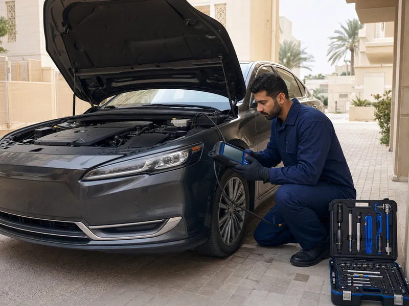 فني كراج متنقل من كراج جو يفحص سيارة في الكويت