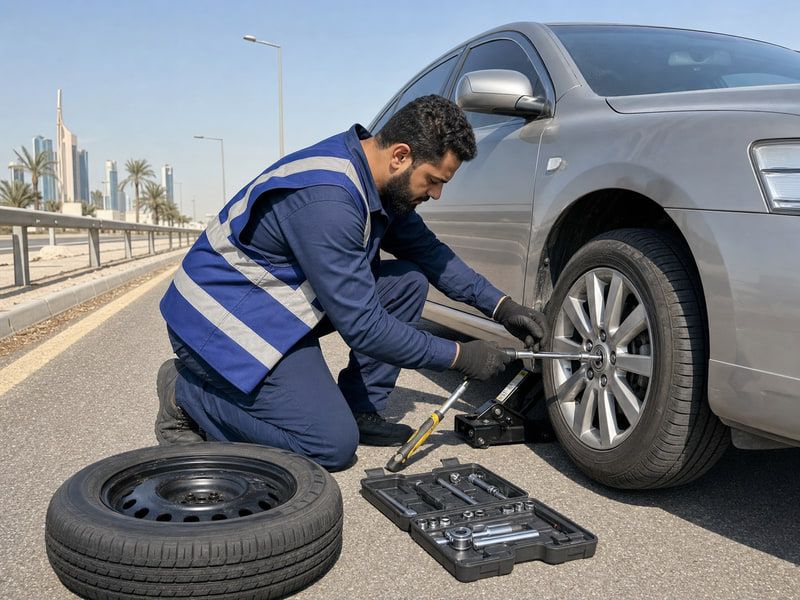فني كراج جو يبدّل إطار سيارة على الطريق في الكويت